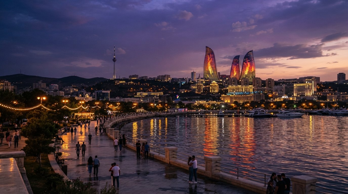Baku skyline at night with Flame Towers, travel package