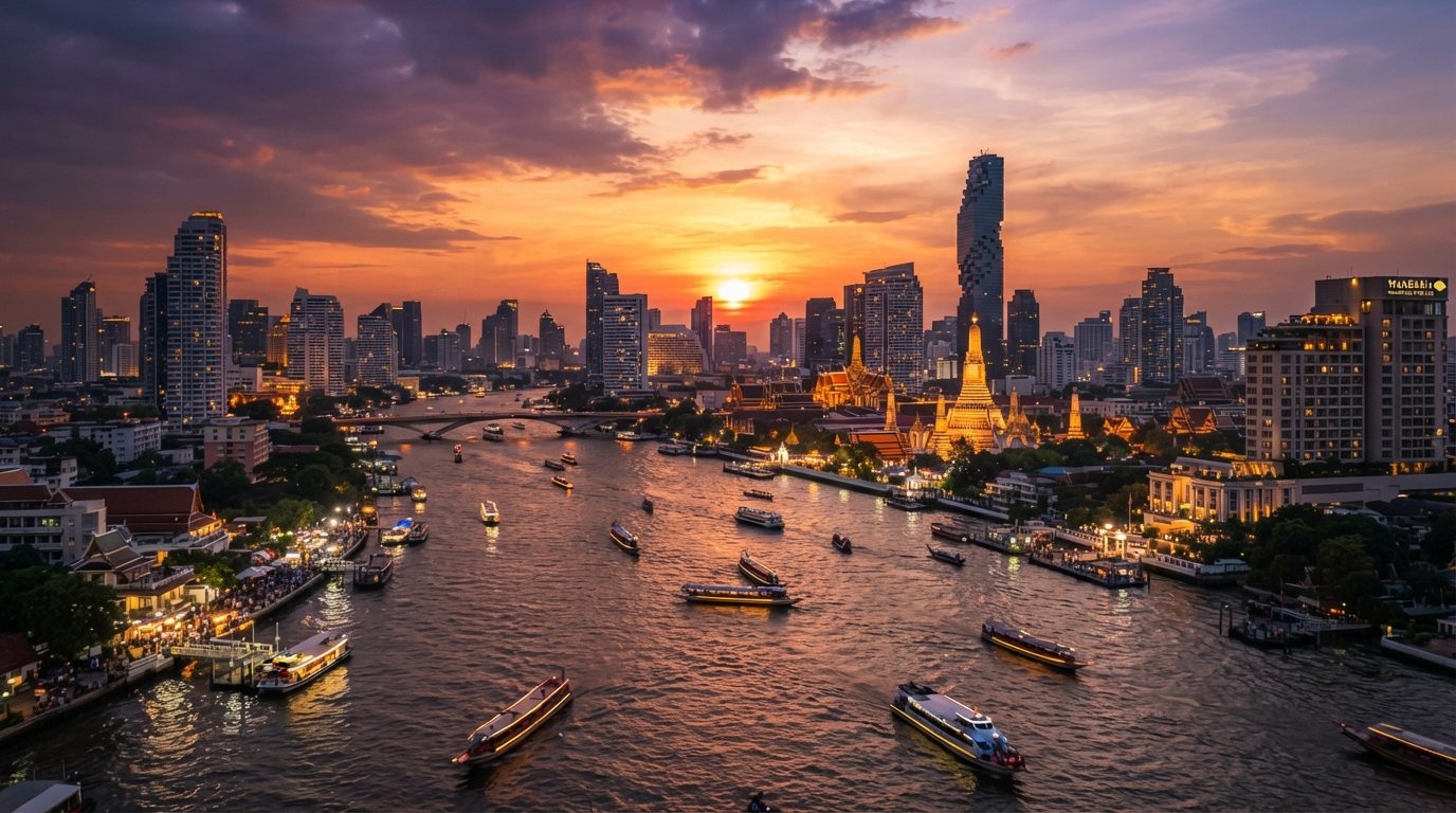 Bangkok Thailand skyline at sunset with river view, travel package
