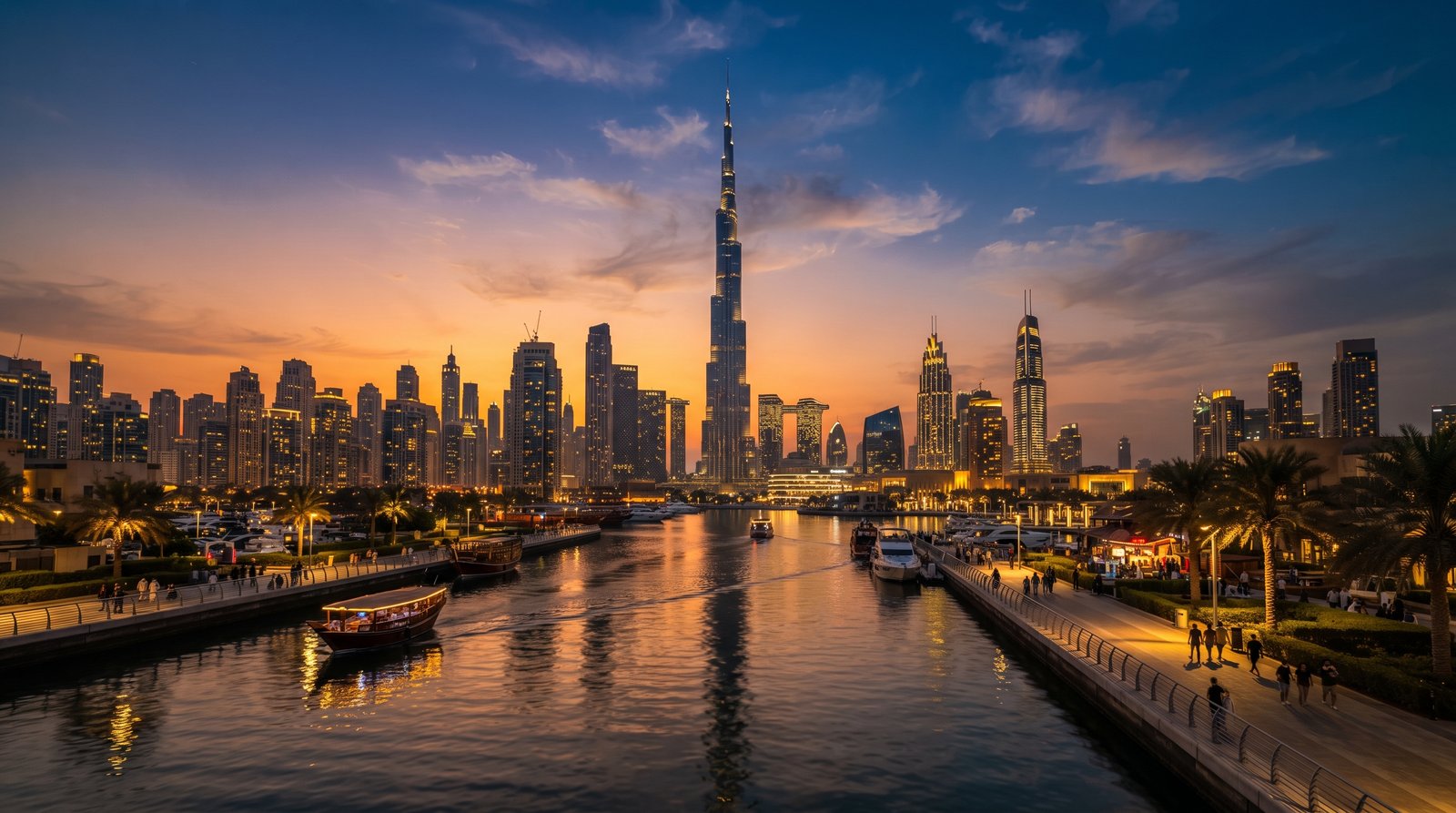 Dubai skyline at sunset with Burj Khalifa, travel package