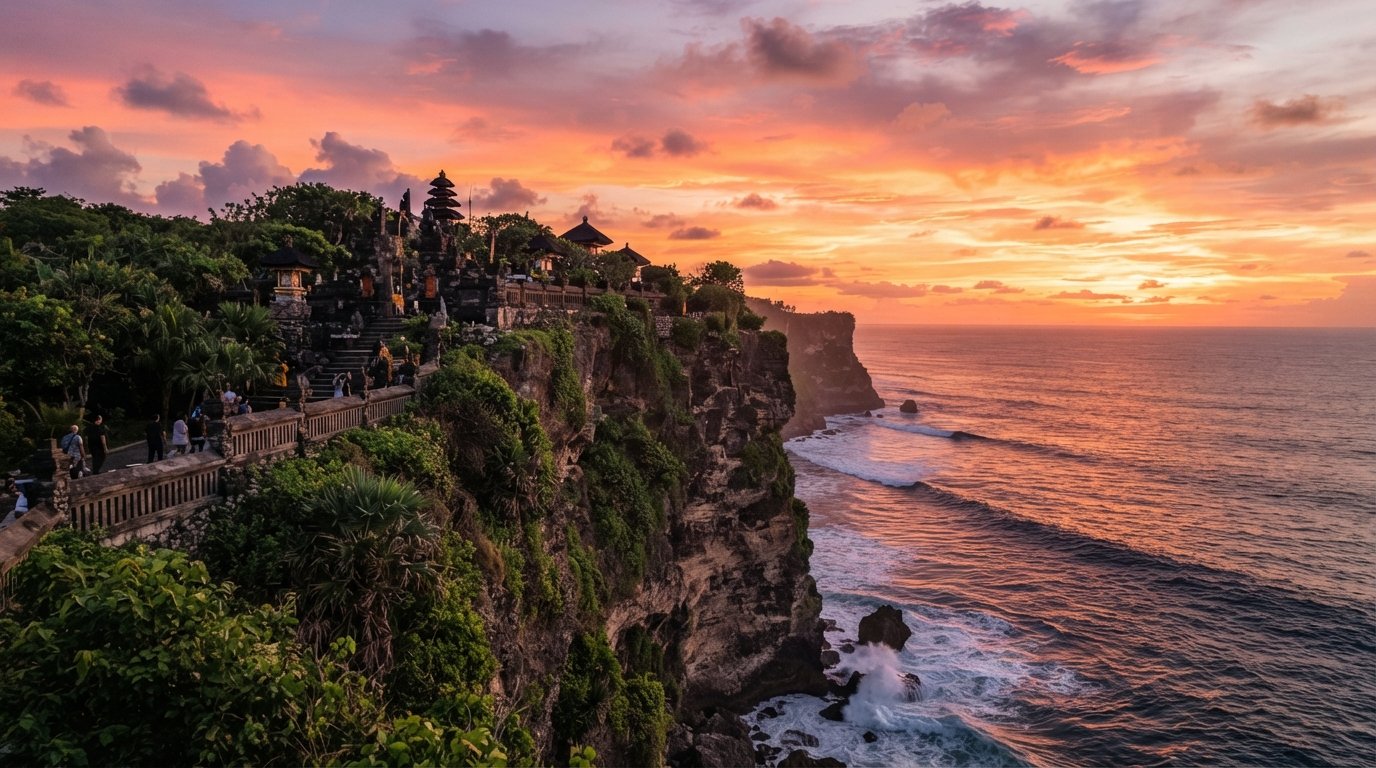 Bali Indonesia Uluwatu Temple sunset ocean cliff view
